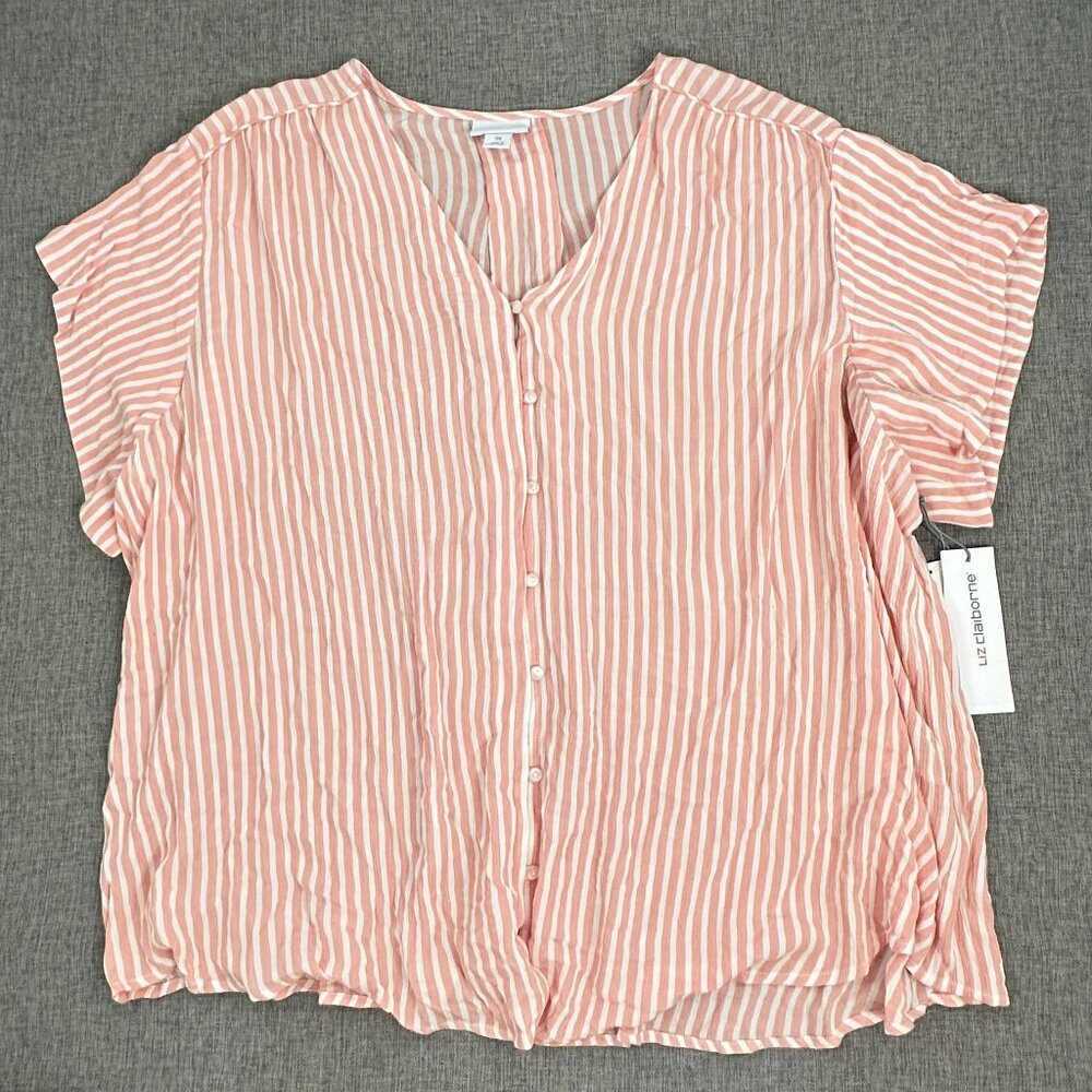 NEW! Liz Claiborne Button Down Shirt Striped Plus 3X Coral $45 V-Neck Rayon
